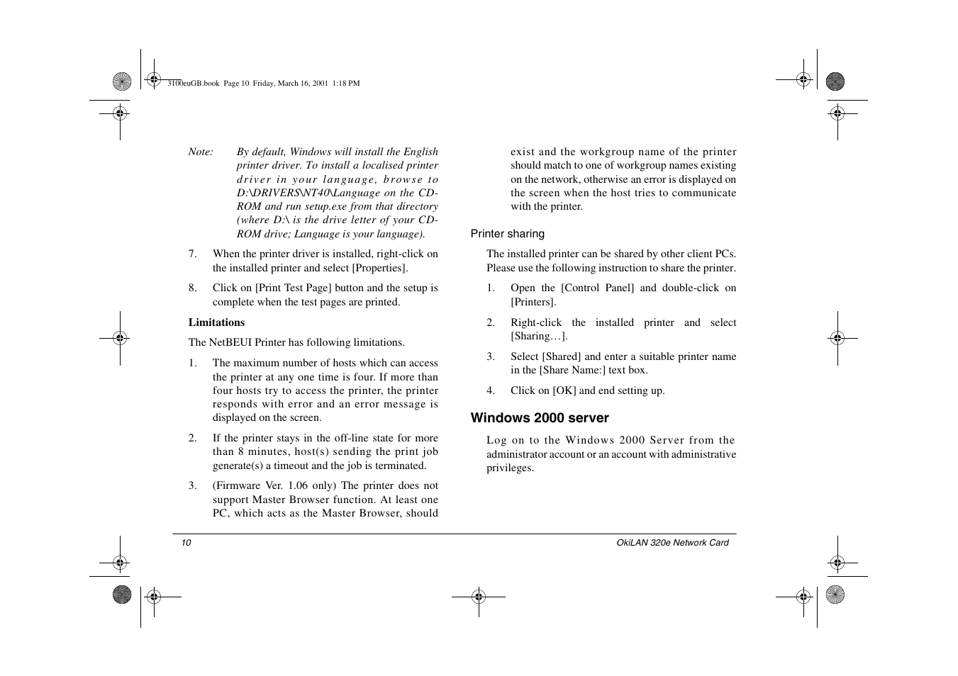 Printer sharing, Windows 2000 server | Oki lan 3100e User Manual | Page 16 / 104