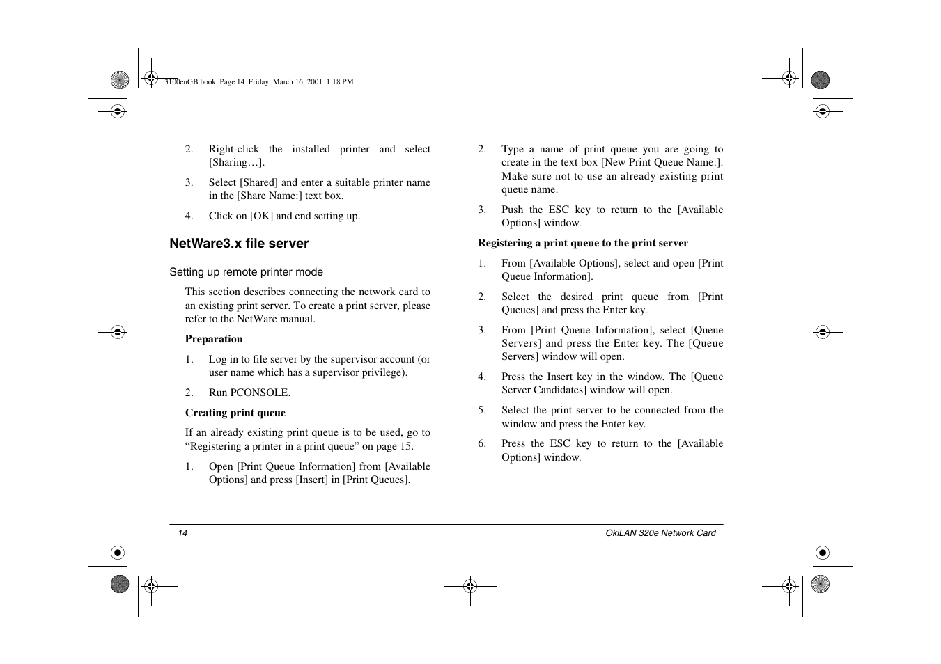 Netware3.x file server, Setting up remote printer mode | Oki lan 3100e User Manual | Page 20 / 104