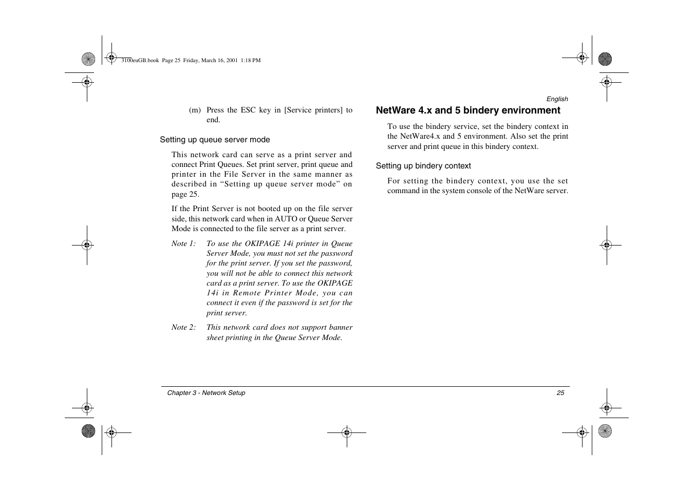 Setting up queue server mode, Netware 4.x and 5 bindery environment, Setting up bindery context | Oki lan 3100e User Manual | Page 31 / 104