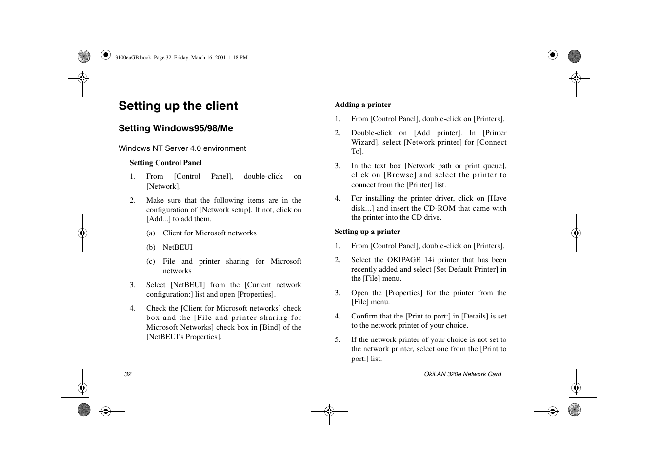 Setting up the client, Setting windows95/98/me, Windows nt server 4.0 environment | Oki lan 3100e User Manual | Page 38 / 104
