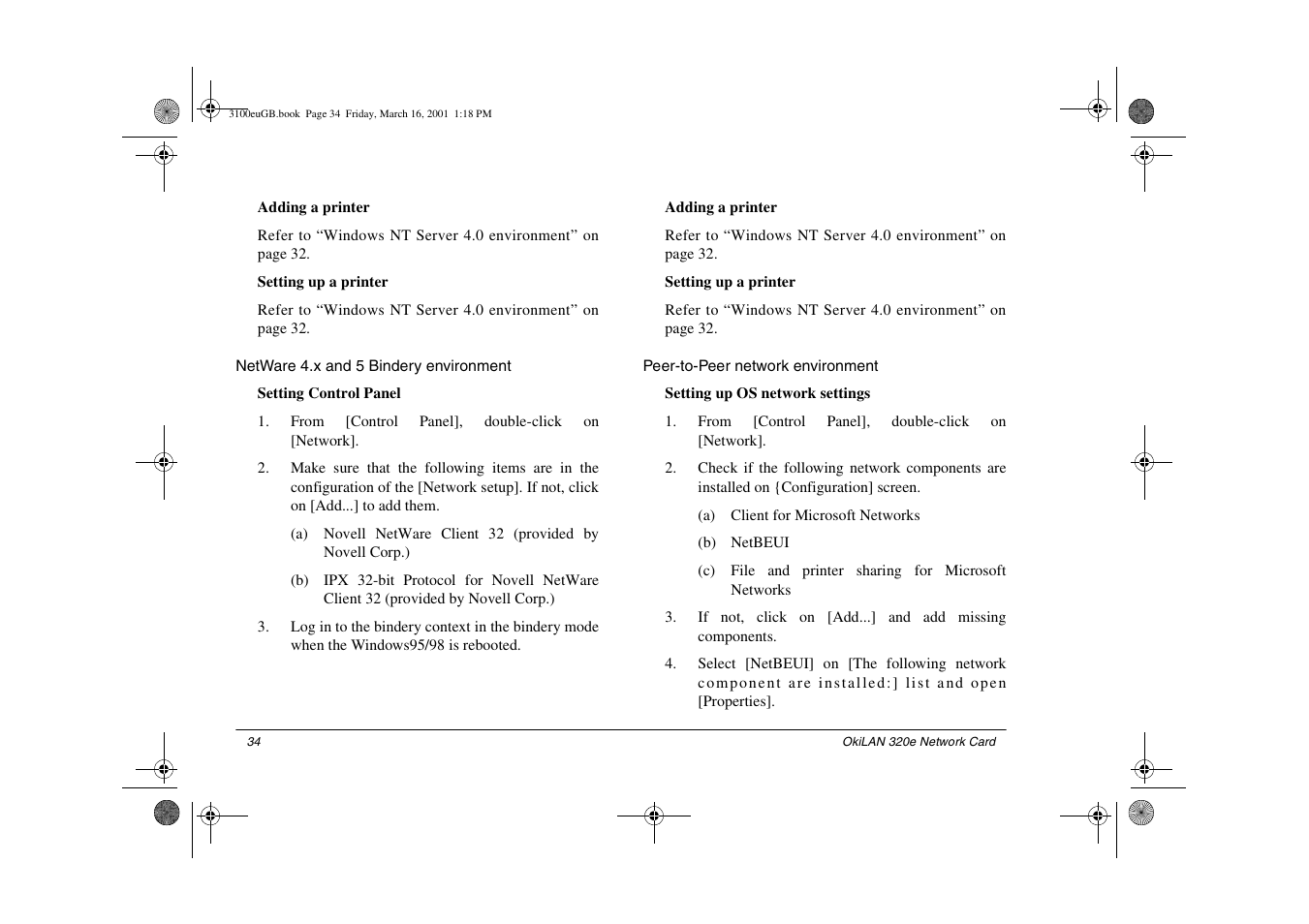 Netware 4.x and 5 bindery environment, Peer-to-peer network environment | Oki lan 3100e User Manual | Page 40 / 104