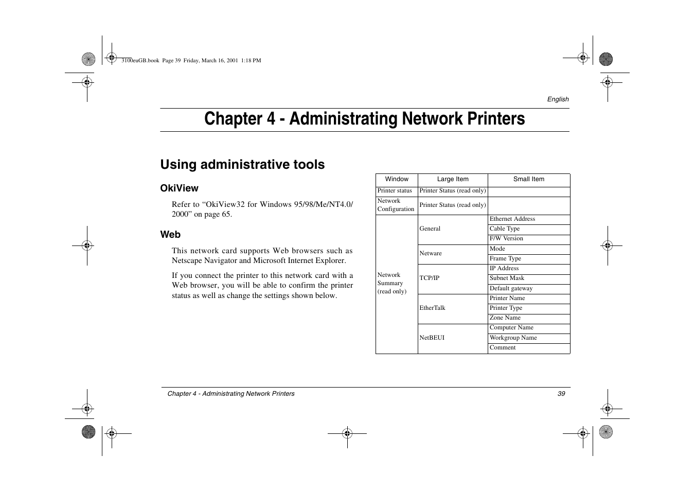 Chapter 4 - administrating network printers, Using administrative tools, Okiview | Okiview web | Oki lan 3100e User Manual | Page 45 / 104