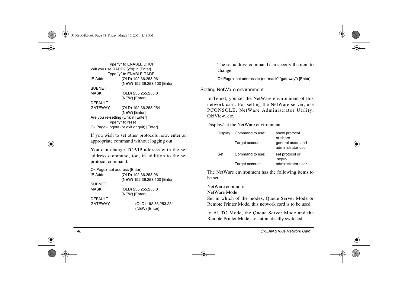 Setting netware environment | Oki lan 3100e User Manual | Page 54 / 104