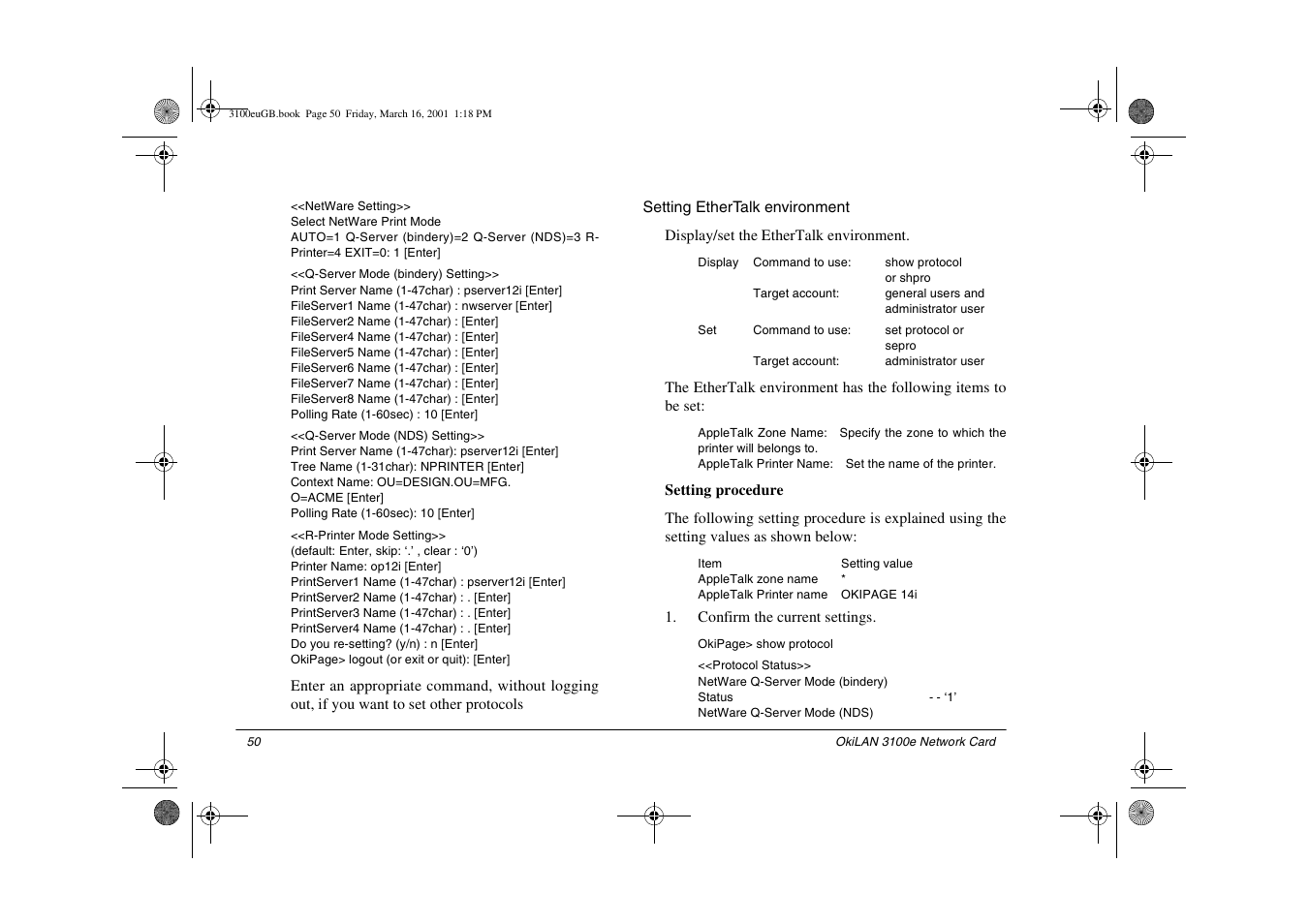 Setting ethertalk environment | Oki lan 3100e User Manual | Page 56 / 104