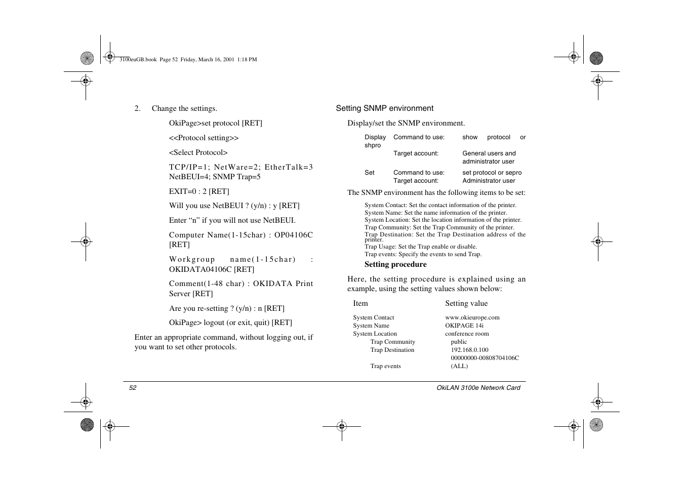 Setting snmp environment | Oki lan 3100e User Manual | Page 58 / 104