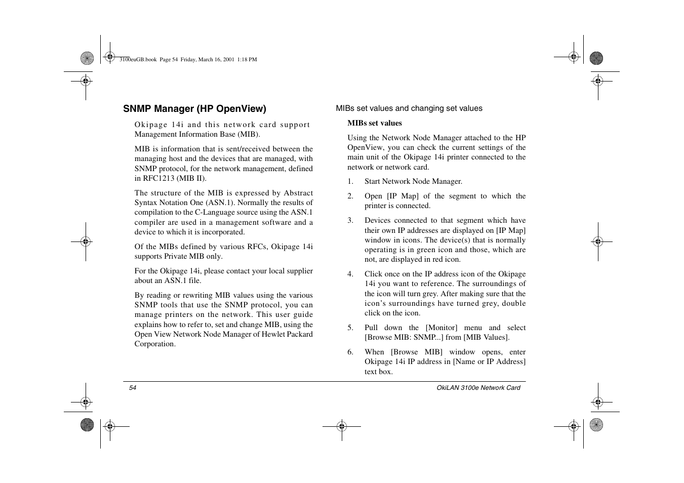 Snmp manager (hp openview), Mibs set values and changing set values | Oki lan 3100e User Manual | Page 60 / 104