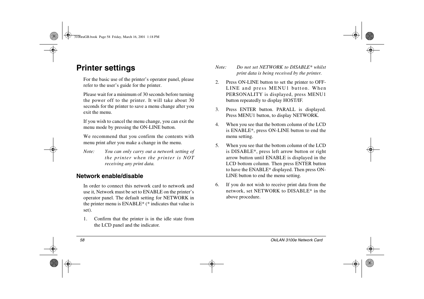 Printer settings, Network enable/disable | Oki lan 3100e User Manual | Page 64 / 104