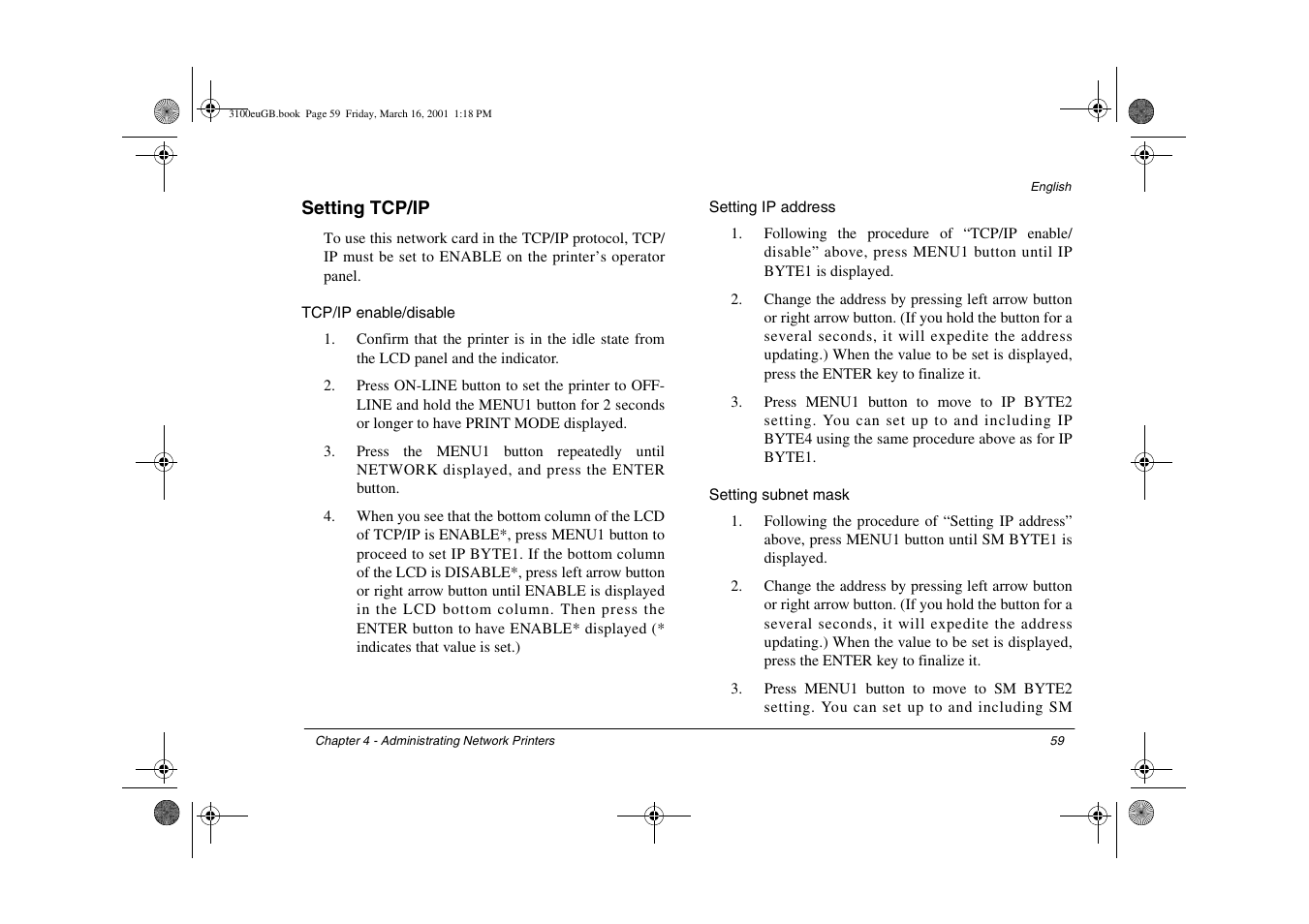 Setting tcp/ip, Tcp/ip enable/disable, Setting ip address | Setting subnet mask | Oki lan 3100e User Manual | Page 65 / 104