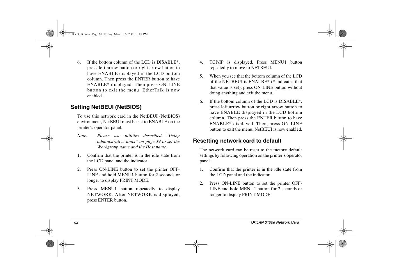 Setting netbeui (netbios), Resetting network card to default | Oki lan 3100e User Manual | Page 68 / 104