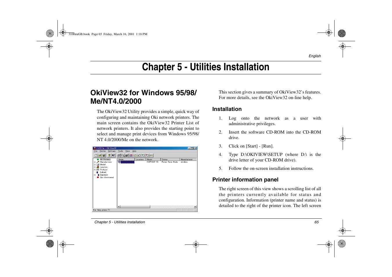 Chapter 5 - utilities installation, Okiview32 for windows 95/98/ me/nt4.0/2000, Installation | Printer information panel, Okiview32 for windows 95/98/me/nt4.0/2000, Installation printer information panel | Oki lan 3100e User Manual | Page 71 / 104
