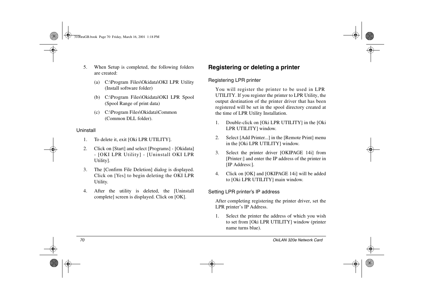 Uninstall, Registering or deleting a printer, Registering lpr printer | Setting lpr printer’s ip address | Oki lan 3100e User Manual | Page 76 / 104