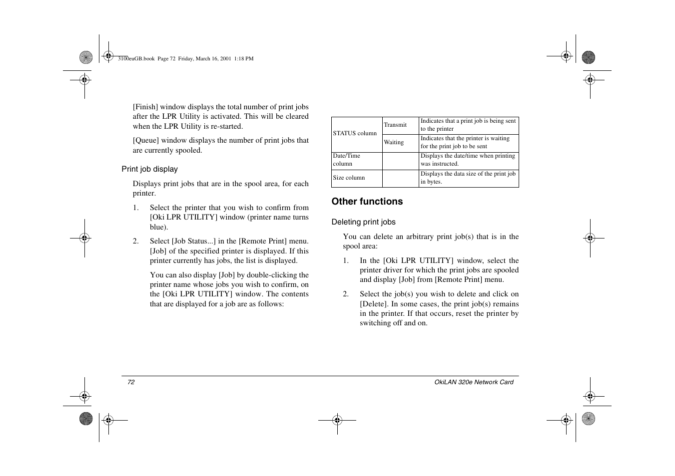 Print job display, Other functions, Deleting print jobs | Oki lan 3100e User Manual | Page 78 / 104