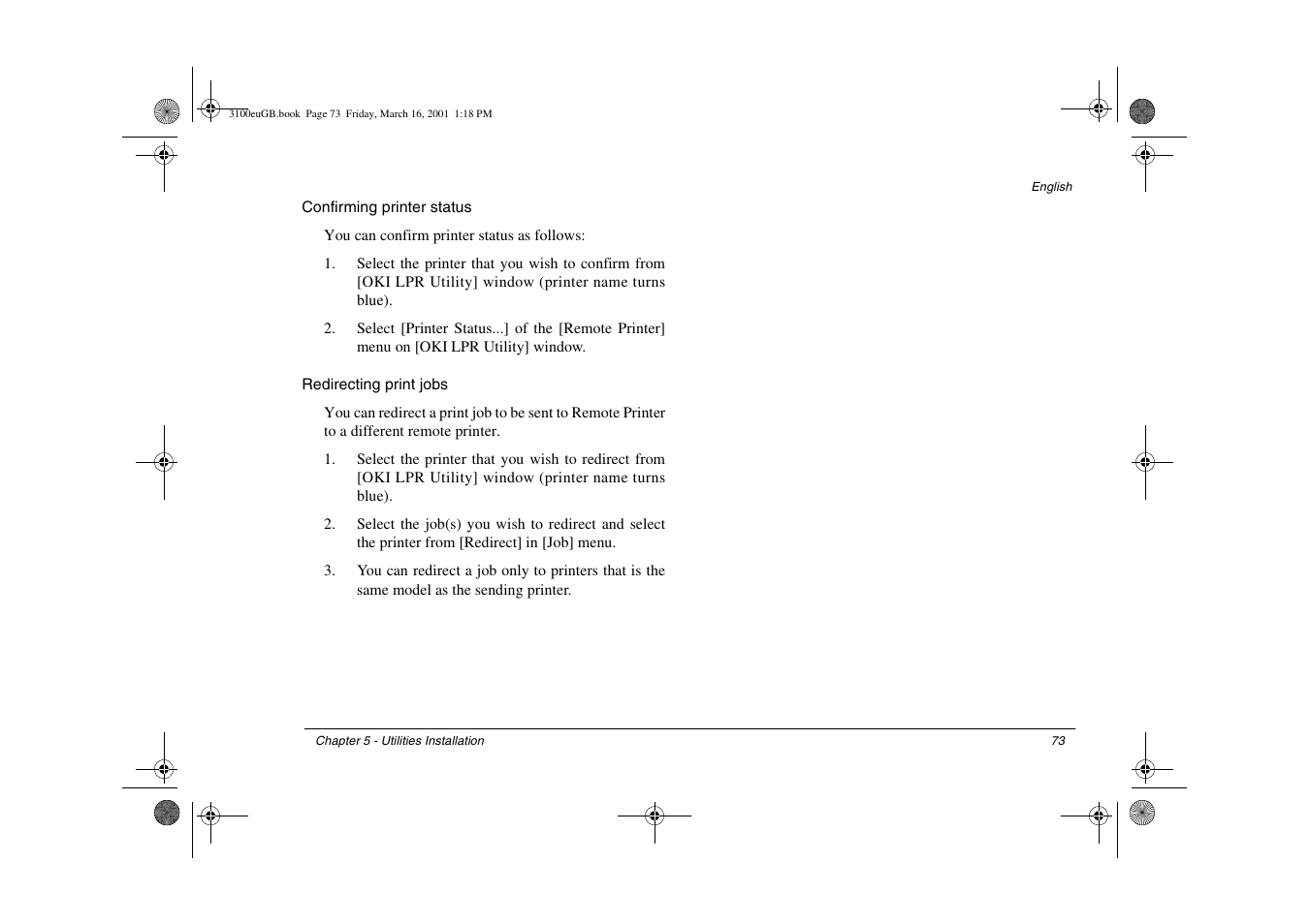 Confirming printer status, Redirecting print jobs, Confirming printer status redirecting print jobs | Oki lan 3100e User Manual | Page 79 / 104