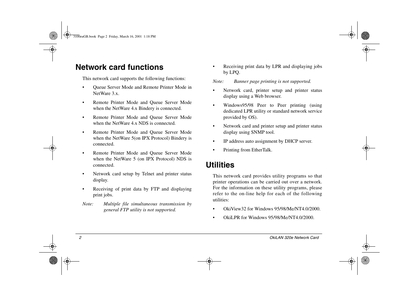 Network card functions, Utilities | Oki lan 3100e User Manual | Page 8 / 104