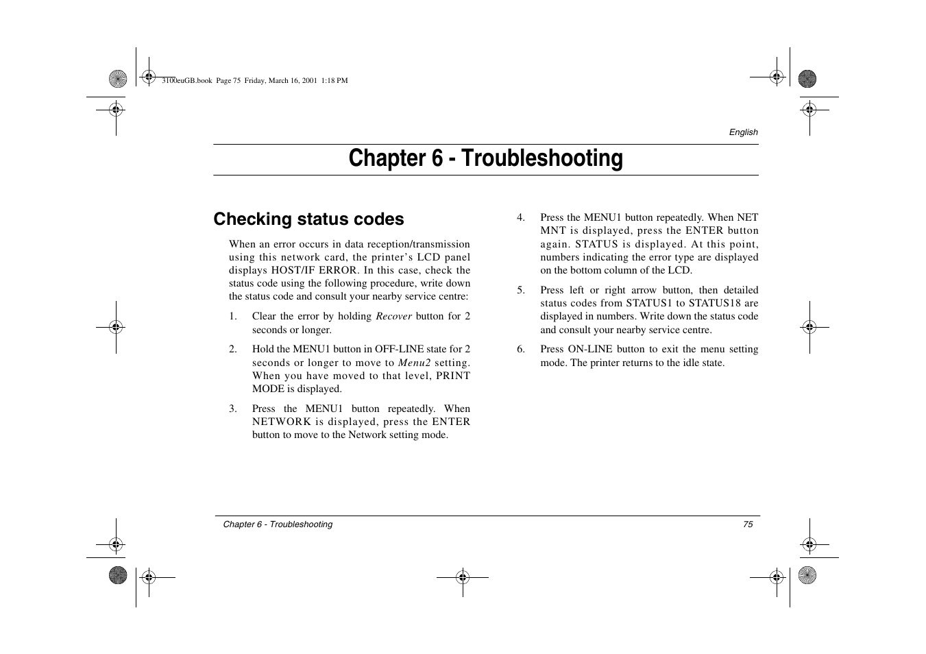 Chapter 6 - troubleshooting, Checking status codes | Oki lan 3100e User Manual | Page 81 / 104