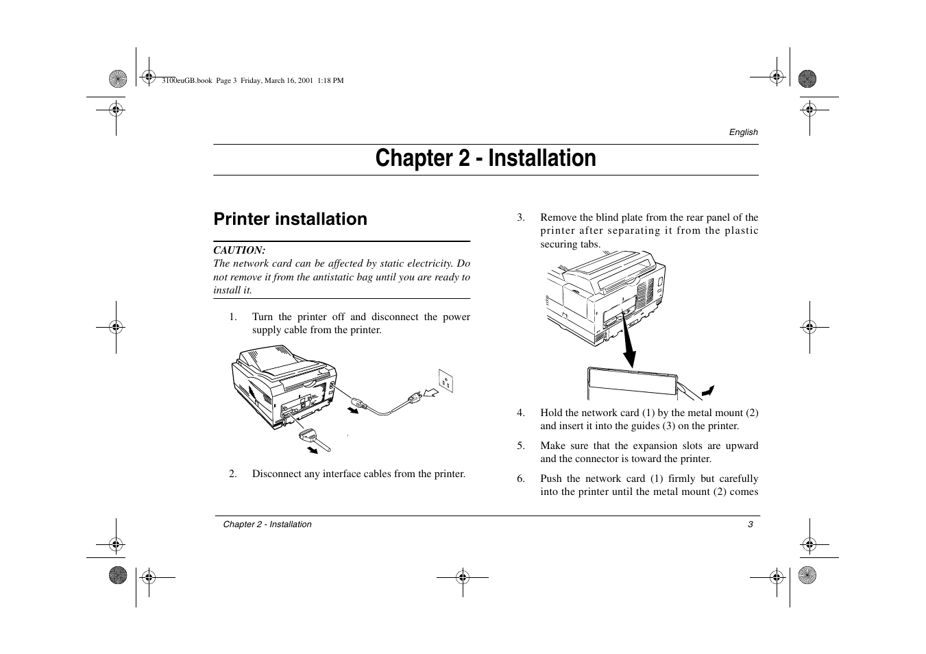 Chapter 2 - installation, Printer installation | Oki lan 3100e User Manual | Page 9 / 104