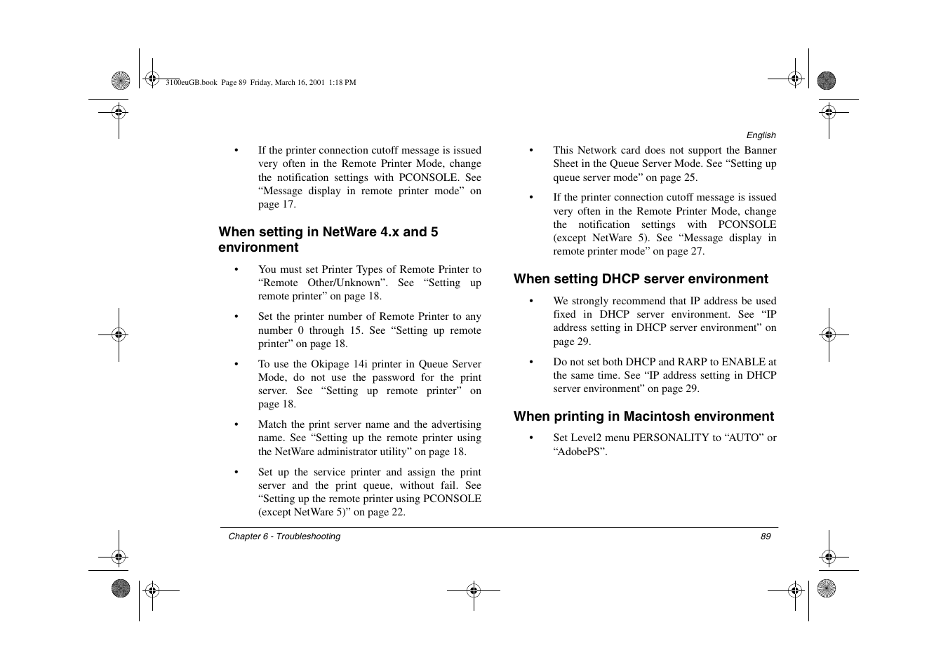 When setting in netware 4.x and 5 environment, When setting dhcp server environment, When printing in macintosh environment | Oki lan 3100e User Manual | Page 95 / 104