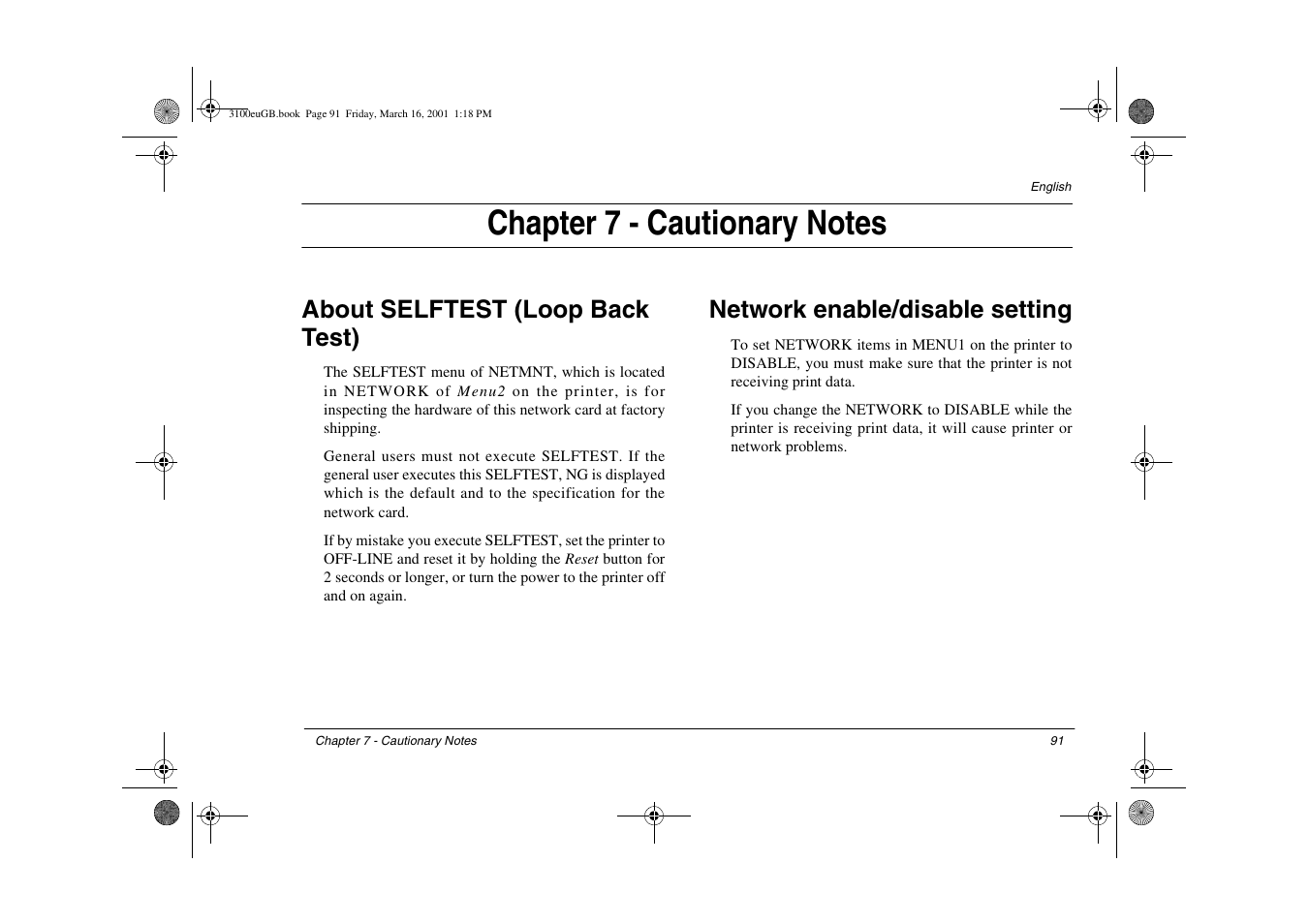 Chapter 7 - cautionary notes, About selftest (loop back test), Network enable/disable setting | Oki lan 3100e User Manual | Page 97 / 104