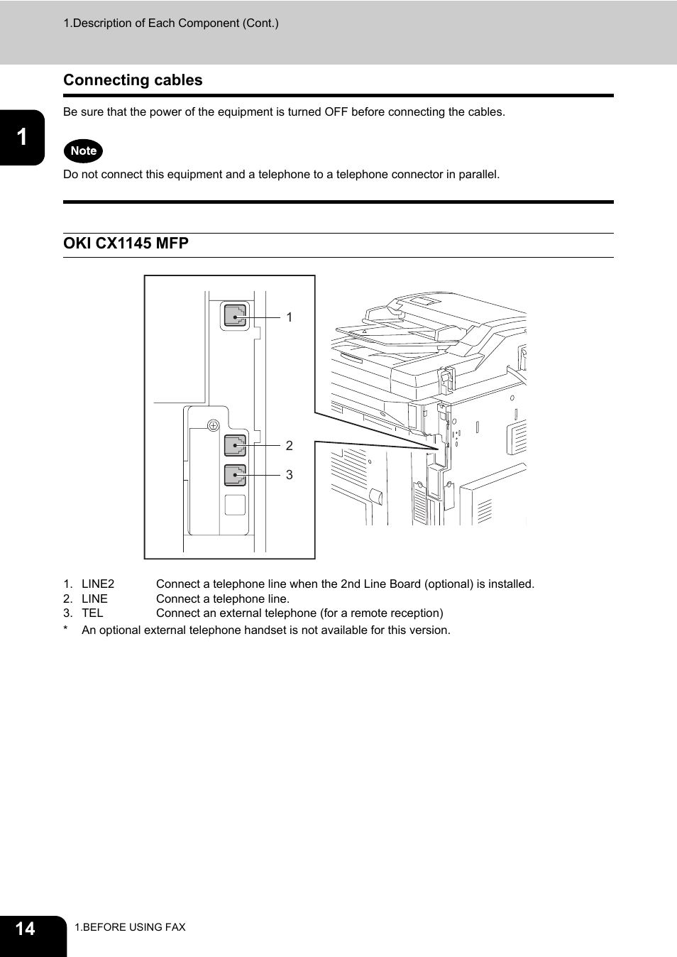 Connecting cables, Oki cx1145 mfp | Oki CX 1145 MFP User Manual | Page 15 / 177