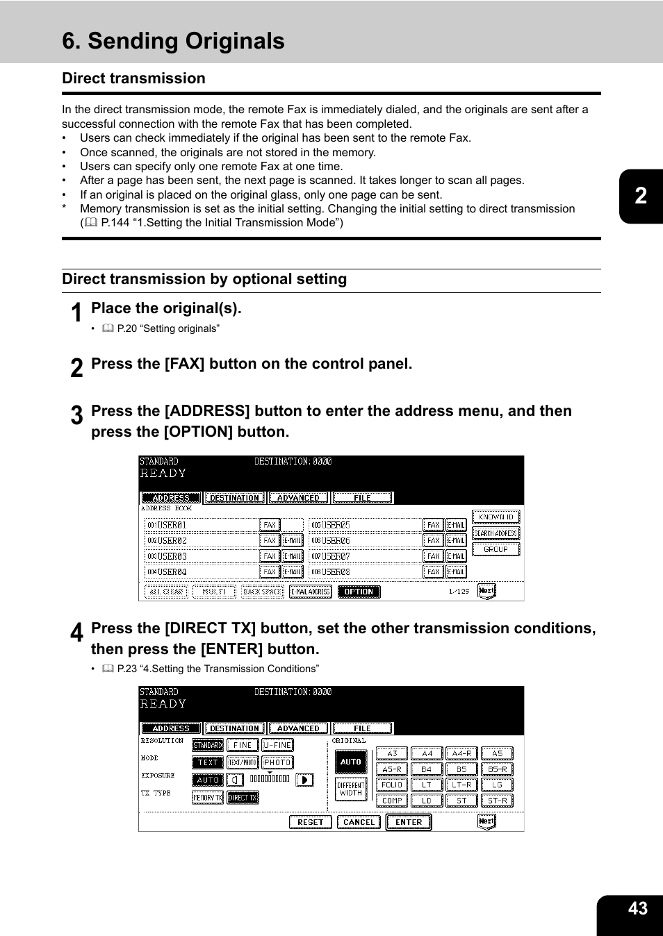 Sending originals, Direct transmission | Oki CX 1145 MFP User Manual | Page 44 / 177