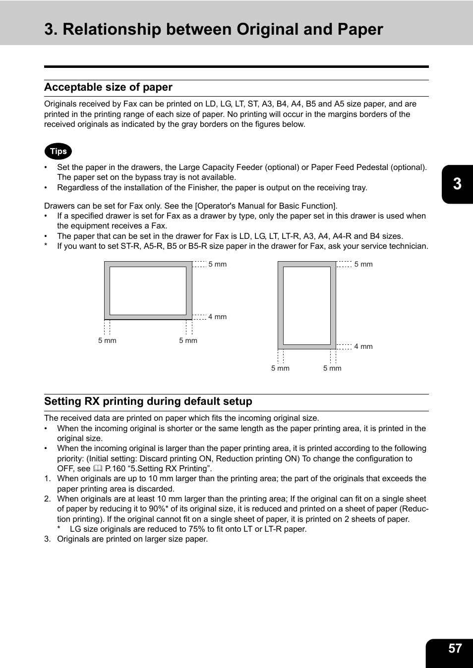Relationship between original and paper, Acceptable size of paper, Setting rx printing during default setup | Oki CX 1145 MFP User Manual | Page 58 / 177