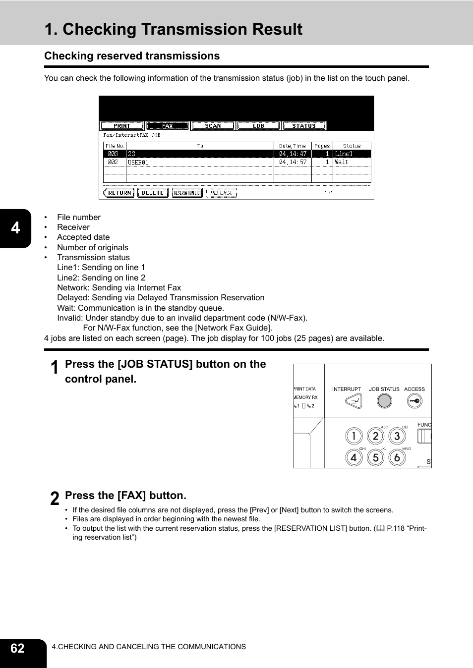 Checking transmission result, Checking reserved transmissions | Oki CX 1145 MFP User Manual | Page 63 / 177