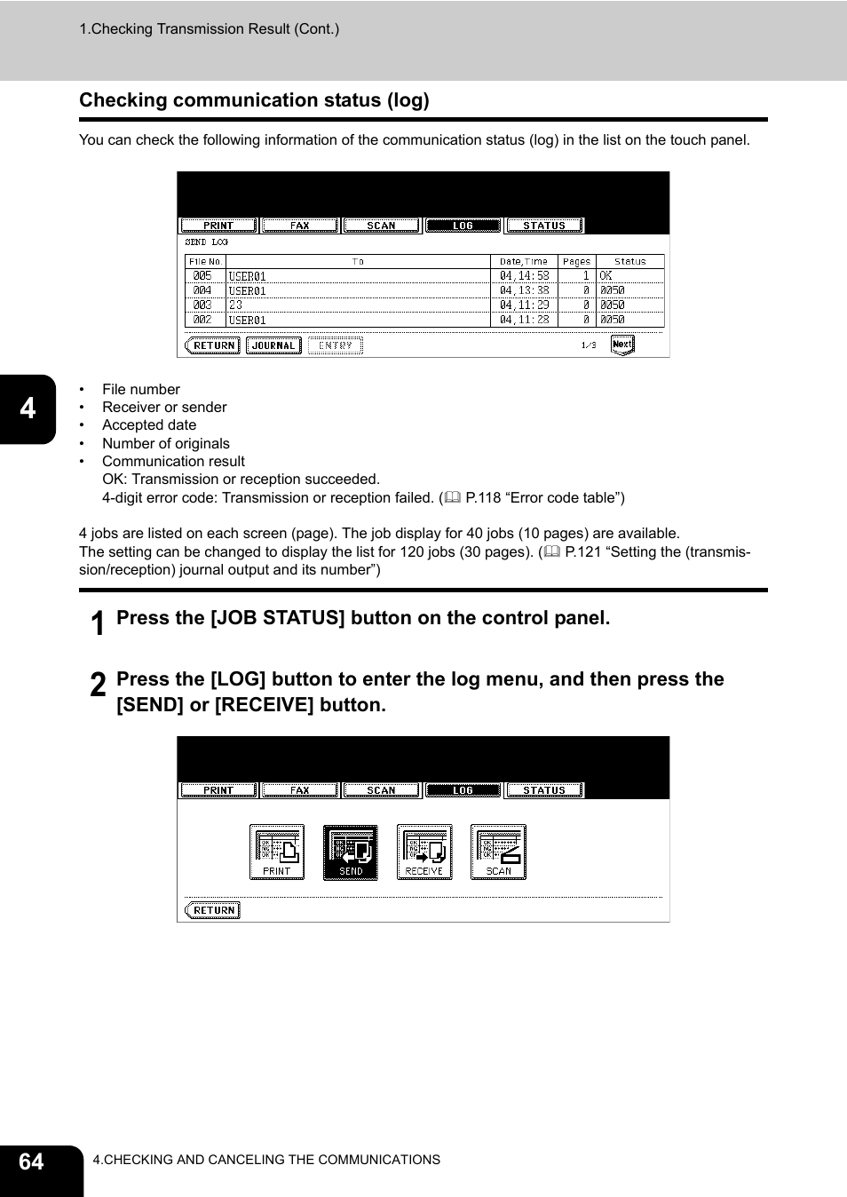 Checking communication status (log) | Oki CX 1145 MFP User Manual | Page 65 / 177