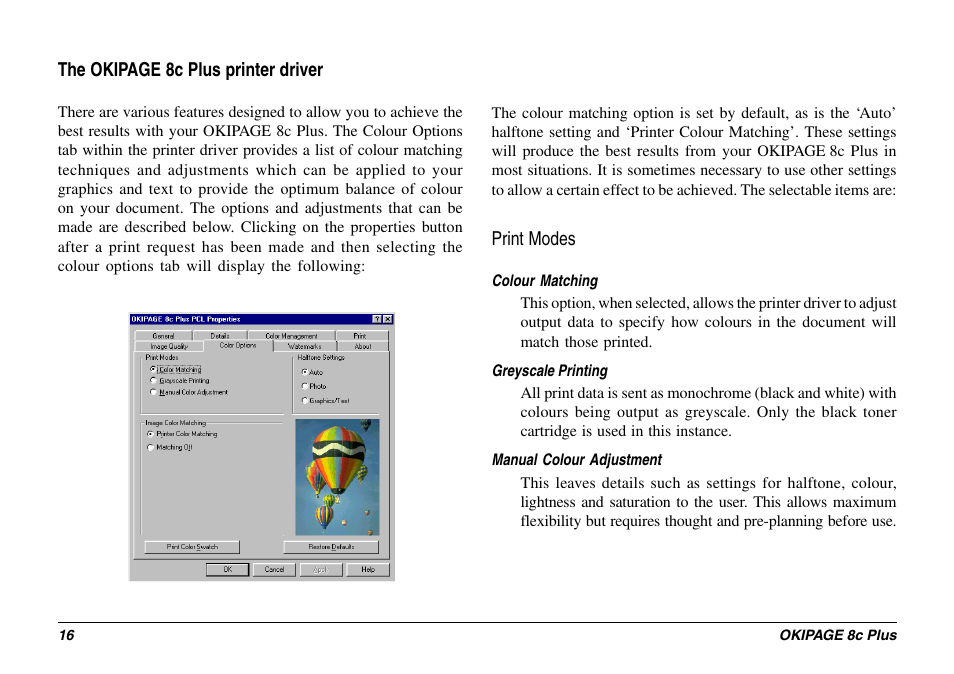 Print modes, Printer driver | Oki 8c Plus User Manual | Page 16 / 24