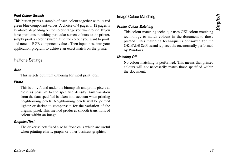 Halftone settings, Image colour matching, Print colour swatch | English | Oki 8c Plus User Manual | Page 17 / 24
