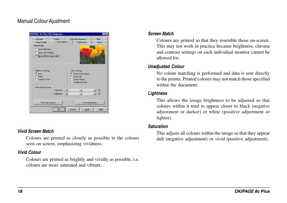 Manual colour ajustment, Manual adjustment, Glossary | Oki 8c Plus User Manual | Page 18 / 24