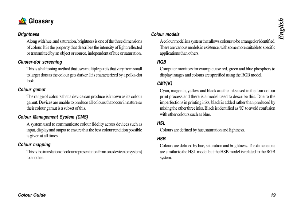 Glossary, Brightness, Cluster-dot screening | Mapping, Colour management system, Colour models, English glossary | Oki 8c Plus User Manual | Page 19 / 24