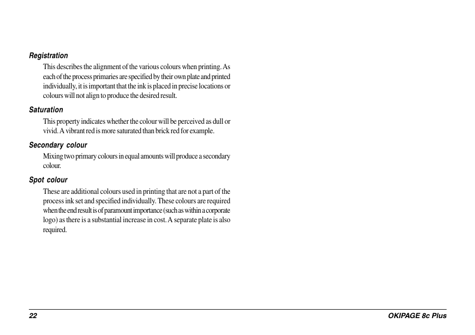 Registration, Saturation, Spot colour | Oki 8c Plus User Manual | Page 22 / 24