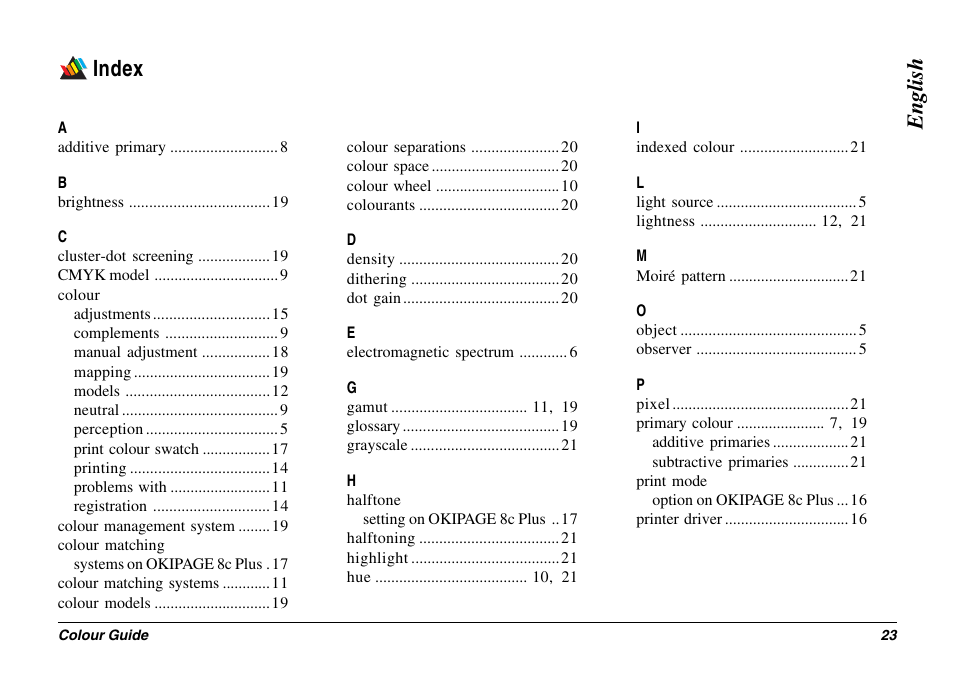 Index, Colour, Colour matching | Halftone, Print mode, English index | Oki 8c Plus User Manual | Page 23 / 24
