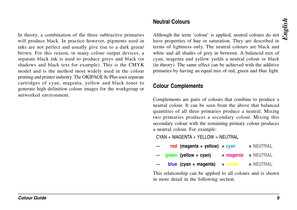 Neutral colours, Colour complements, Cmyk model | Complements, Neutral, Neutral colours colour complements, English | Oki 8c Plus User Manual | Page 9 / 24