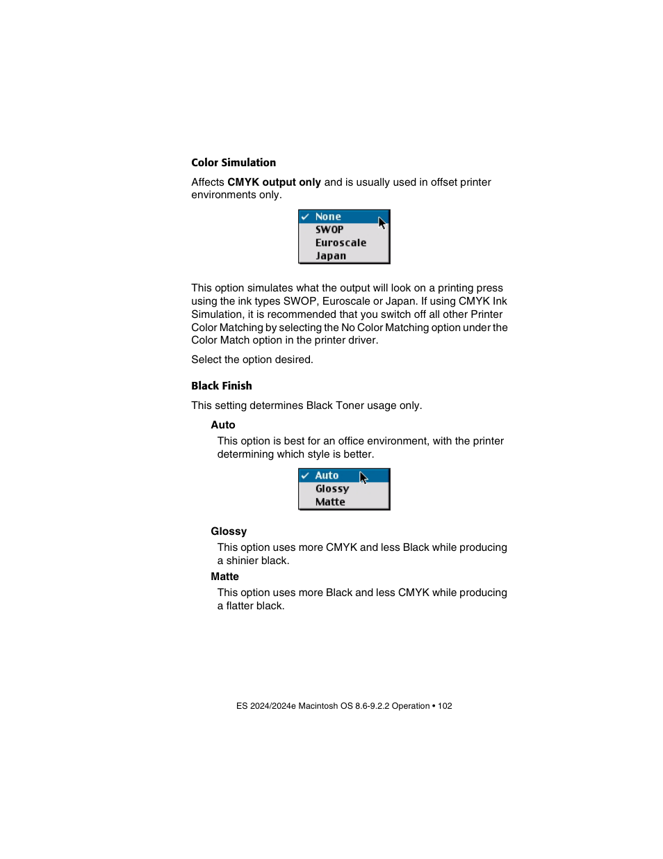Color simulation, Black finish | Oki 2024/2024e User Manual | Page 102 / 260
