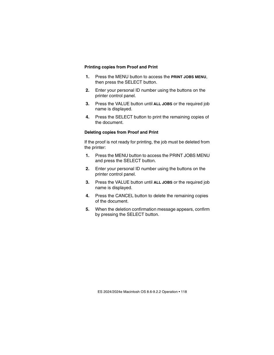 Printing copies from proof and print, Deleting copies from proof and print | Oki 2024/2024e User Manual | Page 118 / 260
