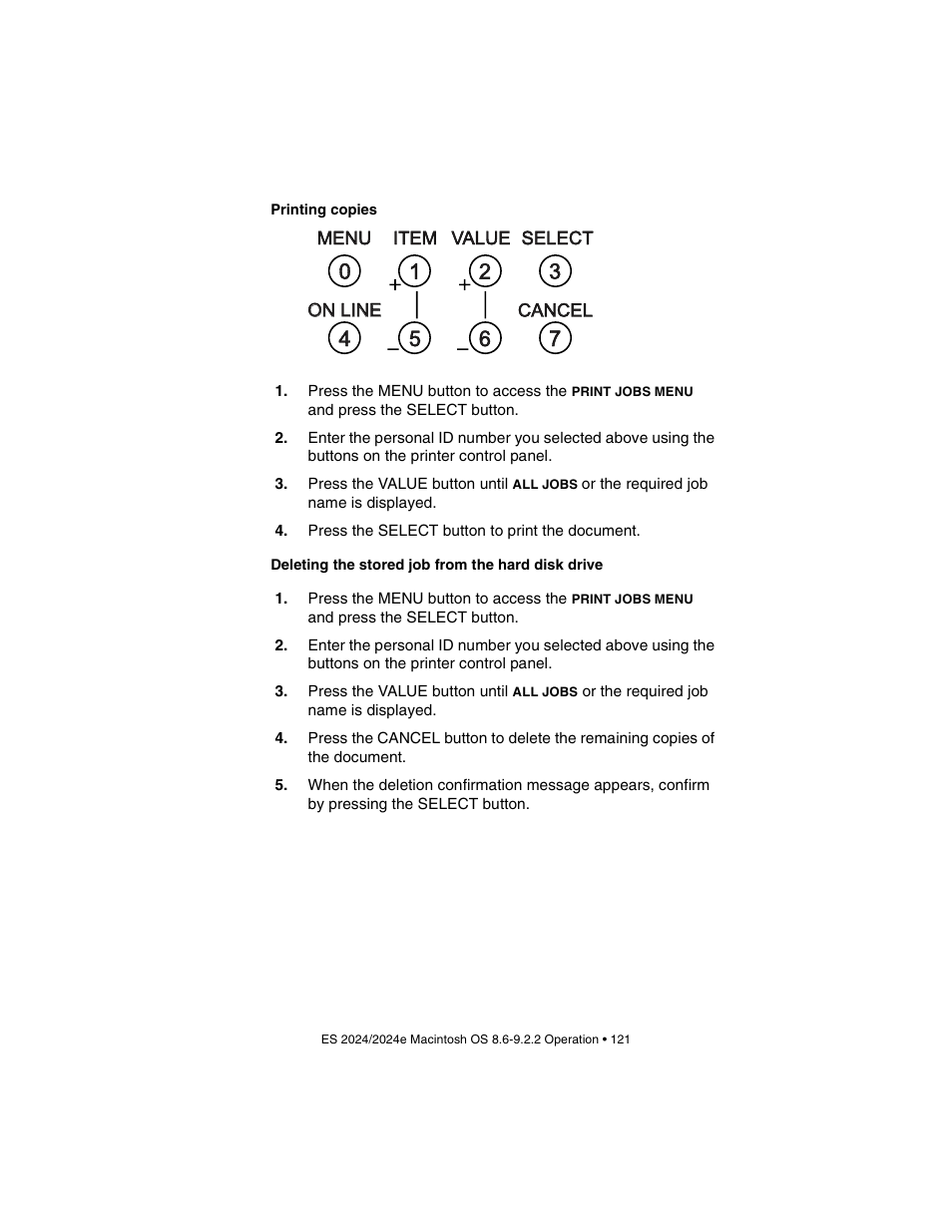 Printing copies, Deleting the stored job from the hard disk drive | Oki 2024/2024e User Manual | Page 121 / 260