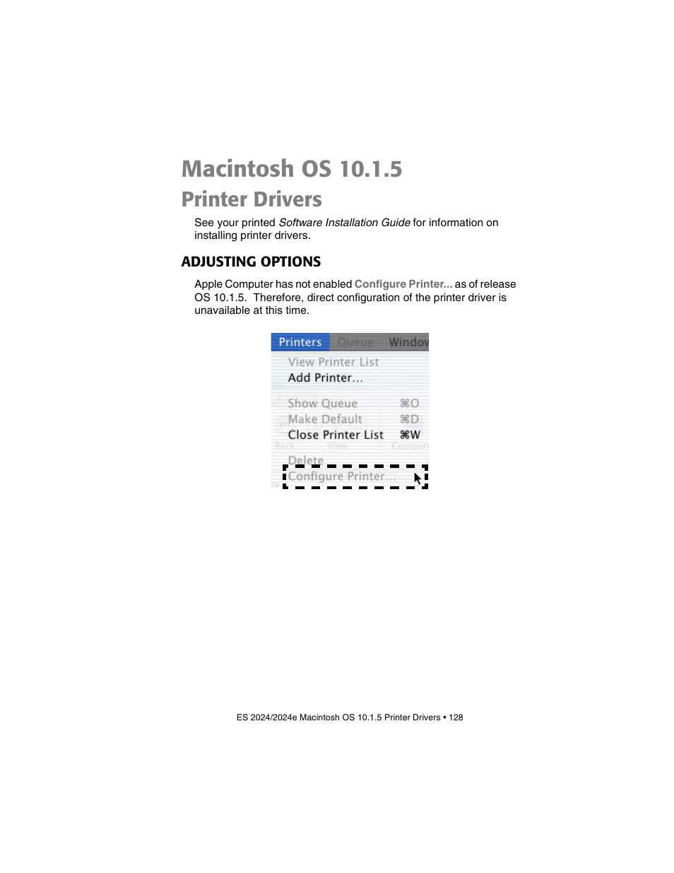 Macintosh os 10.1.5, Printer drivers, Adjusting options | Oki 2024/2024e User Manual | Page 128 / 260