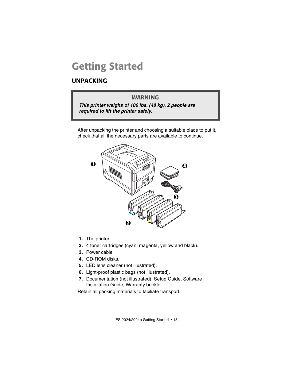 Getting started, Unpacking | Oki 2024/2024e User Manual | Page 13 / 260