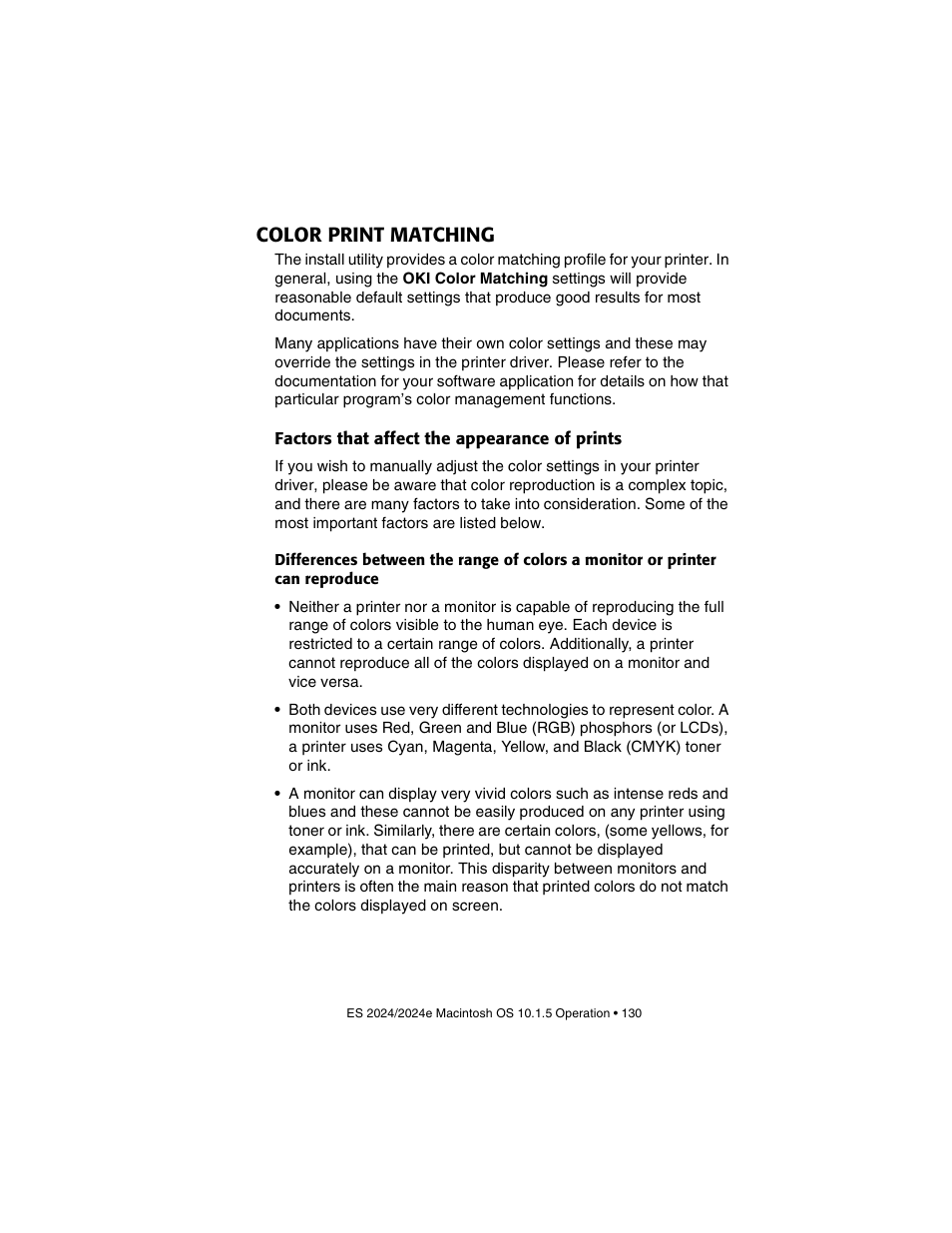 Color print matching, Factors that affect the appearance of prints | Oki 2024/2024e User Manual | Page 130 / 260