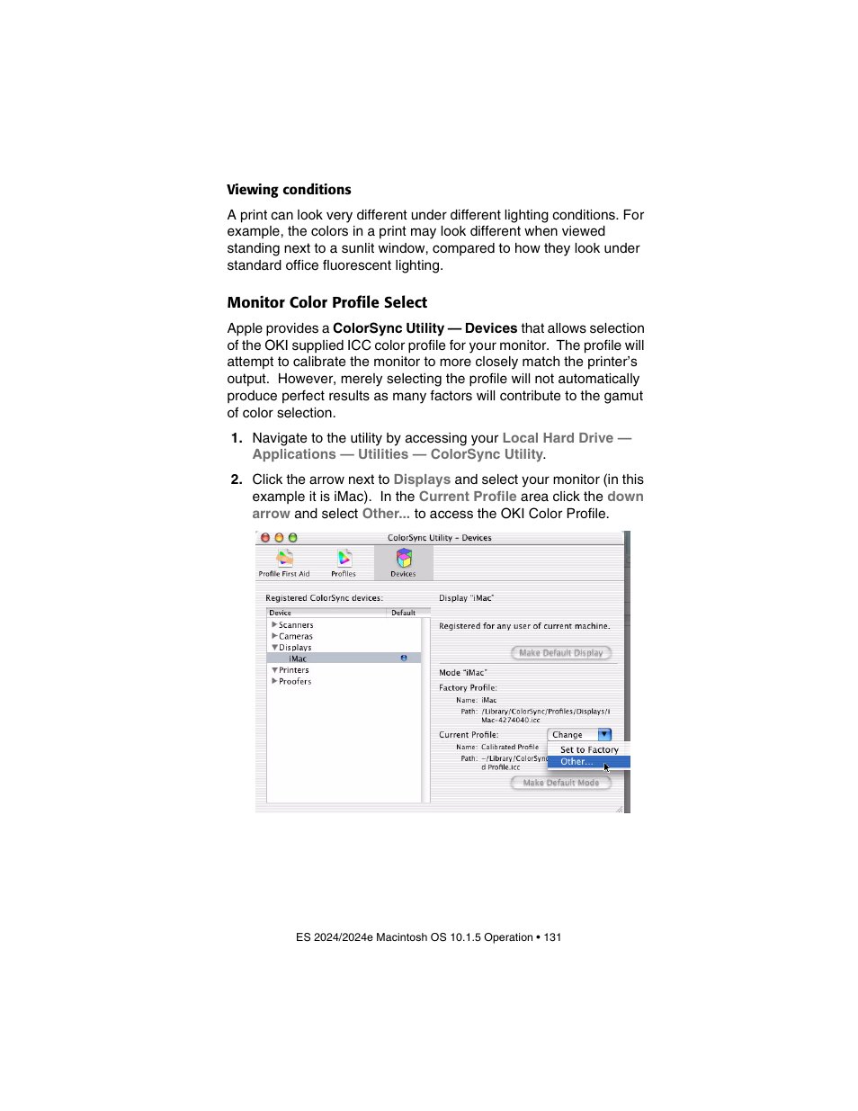 Viewing conditions, Monitor color profile select | Oki 2024/2024e User Manual | Page 131 / 260