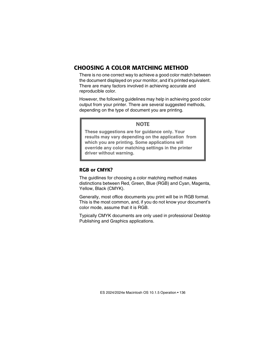 Choosing a color matching method, Rgb or cmyk | Oki 2024/2024e User Manual | Page 136 / 260