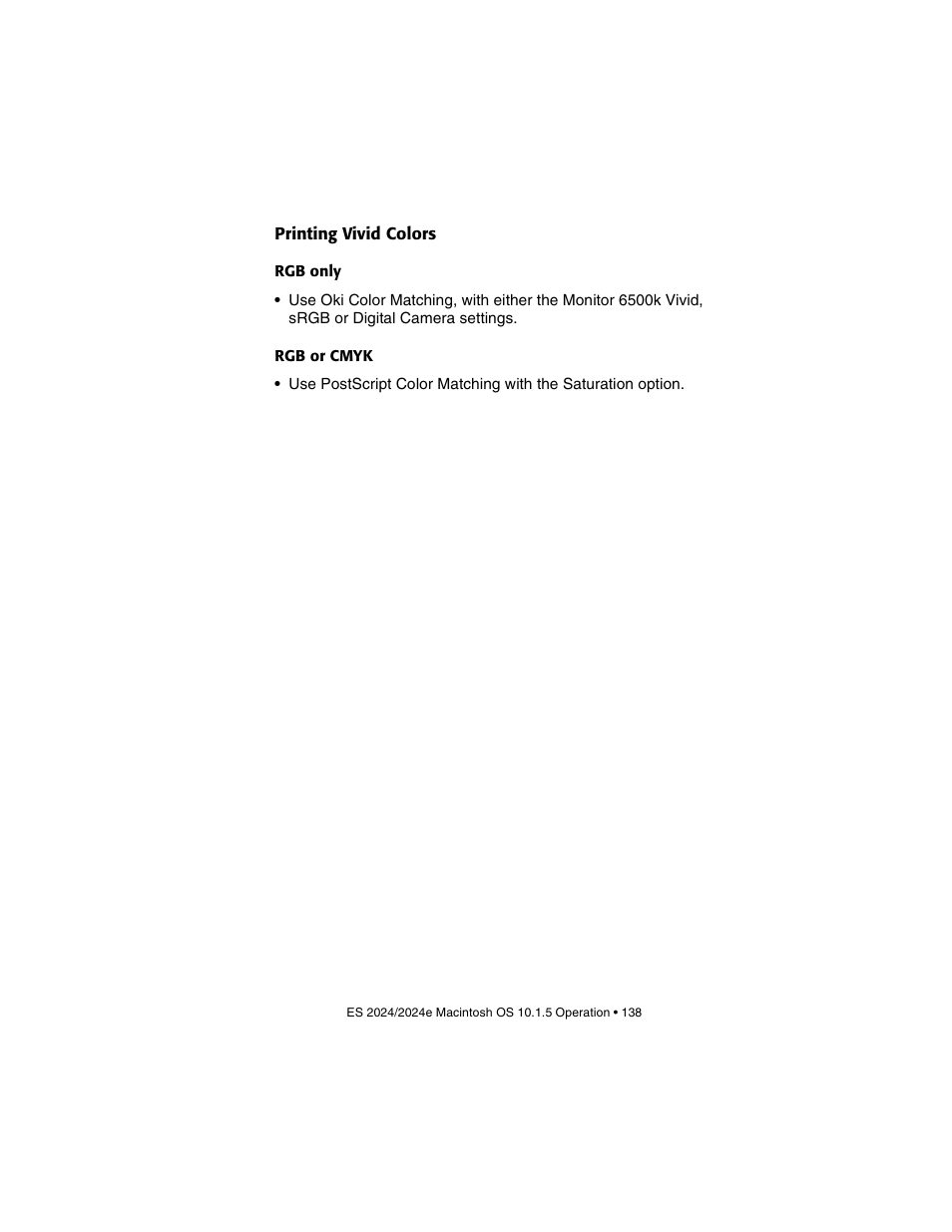 Printing vivid colors, Rgb only, Rgb or cmyk | Oki 2024/2024e User Manual | Page 138 / 260