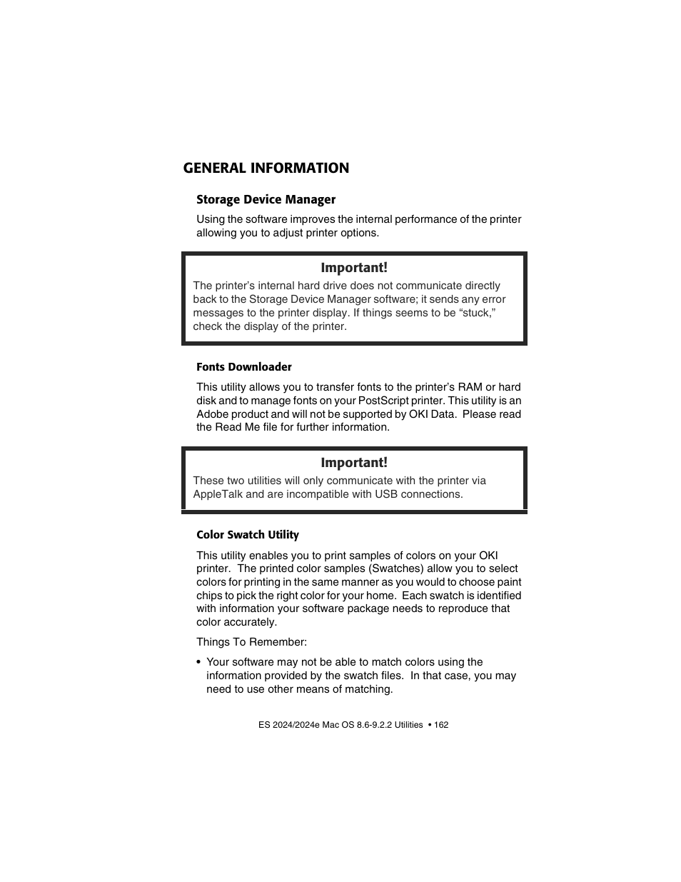 General information, Storage device manager, Fonts downloader | Color swatch utility | Oki 2024/2024e User Manual | Page 162 / 260