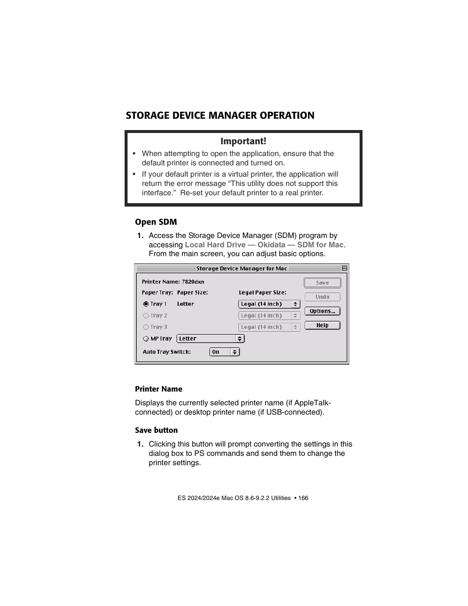 Storage device manager operation, Open sdm, Printer name | Save button | Oki 2024/2024e User Manual | Page 166 / 260
