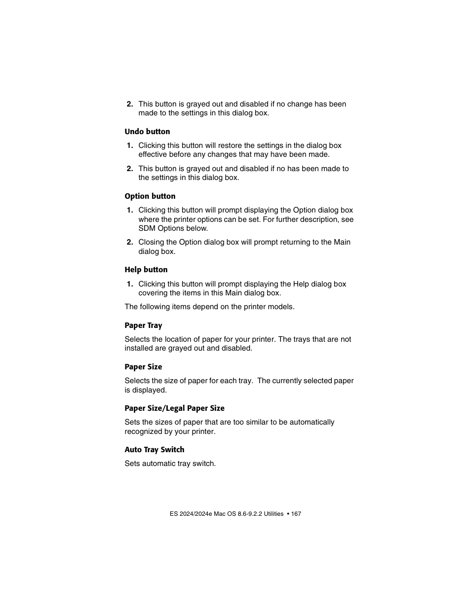 Undo button, Option button, Help button | Paper tray, Paper size, Paper size/legal paper size, Auto tray switch | Oki 2024/2024e User Manual | Page 167 / 260