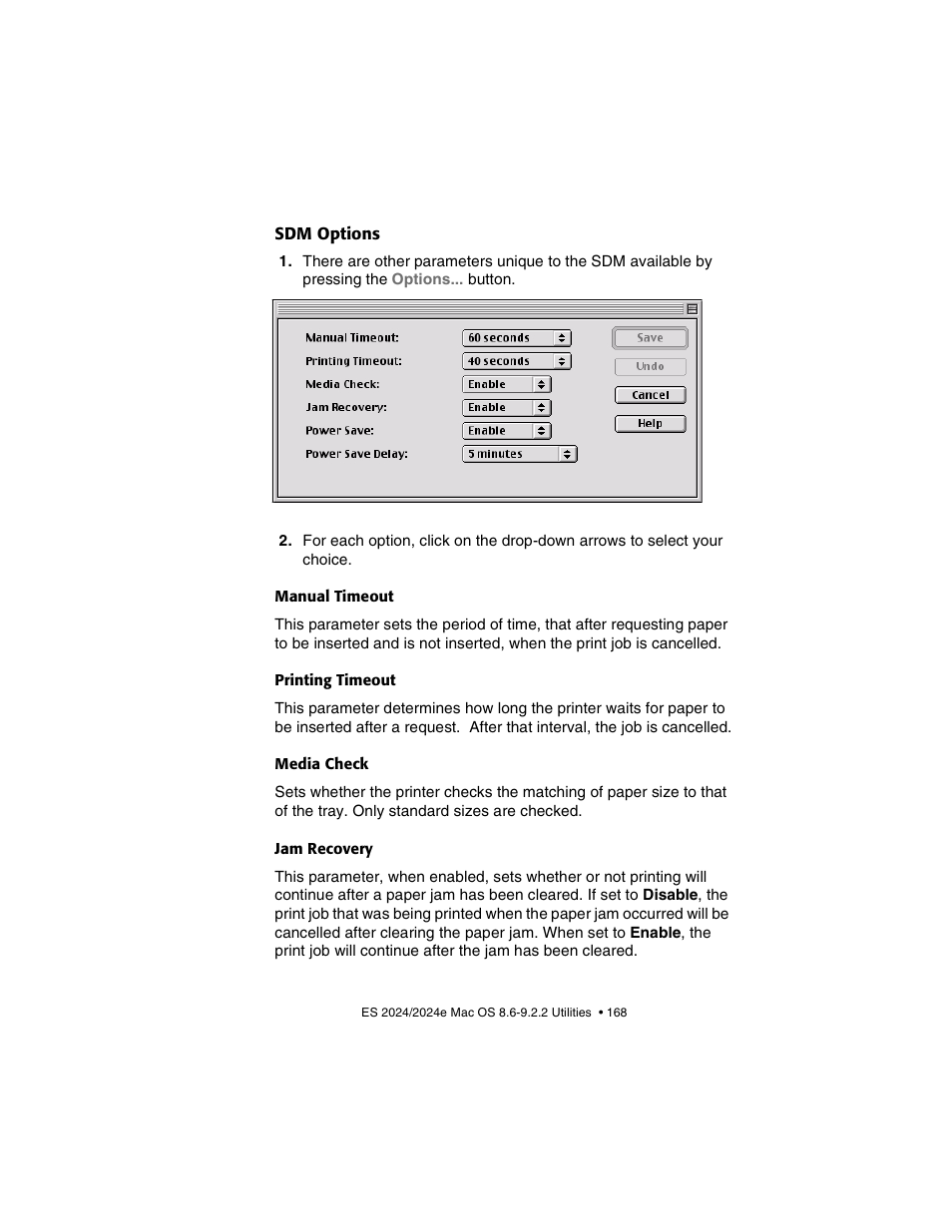 Sdm options, Manual timeout, Printing timeout | Media check, Jam recovery | Oki 2024/2024e User Manual | Page 168 / 260