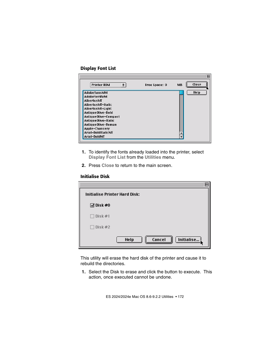 Display font list, Initialise disk | Oki 2024/2024e User Manual | Page 172 / 260