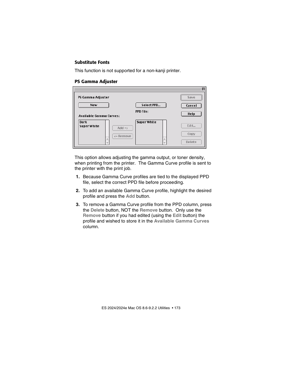 Substitute fonts, Ps gamma adjuster | Oki 2024/2024e User Manual | Page 173 / 260