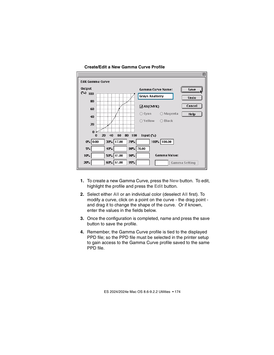 Create/edit a new gamma curve profile | Oki 2024/2024e User Manual | Page 174 / 260